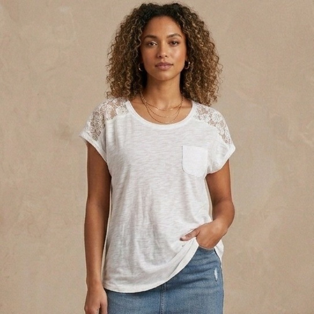 Paper + Tee Blouse Womens Plus Size 1X White Lace Shoulder Floral Top Boho Y2K‎